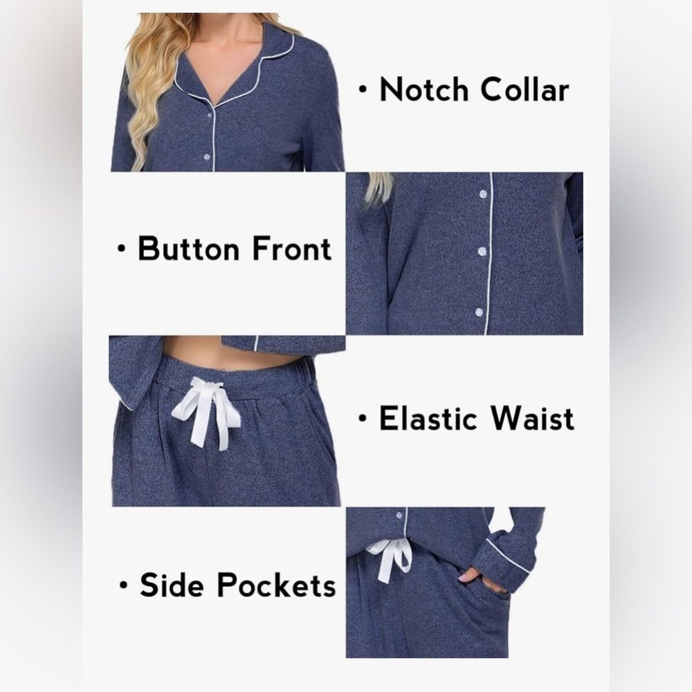 Ekouaer 2XL NWT Blue Button Down Pajama Set Long Sleeve - Picture 6 of 16
